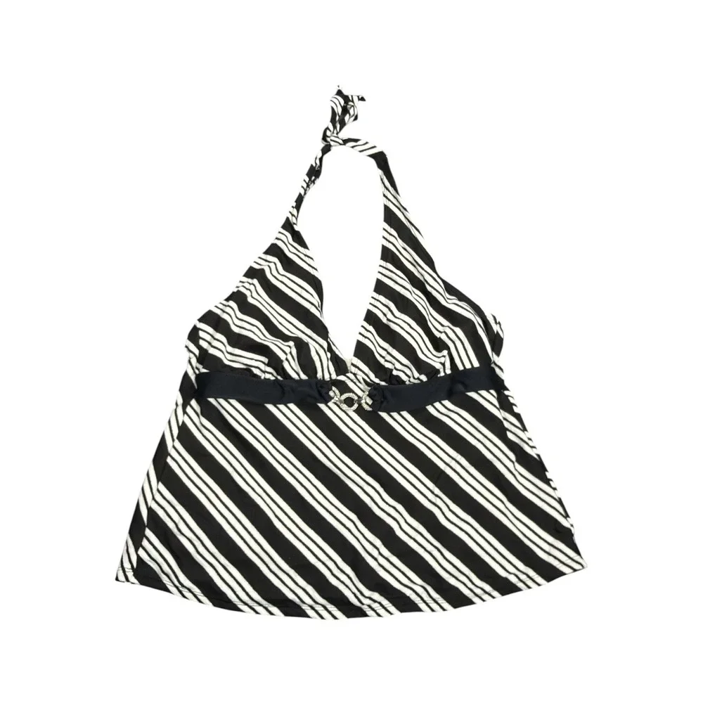 Merona Black White Striped Halter Tankini Top Rhinestone Buckle Size Large